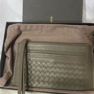Bottega Veneta Taupe Leather Woven Clutch